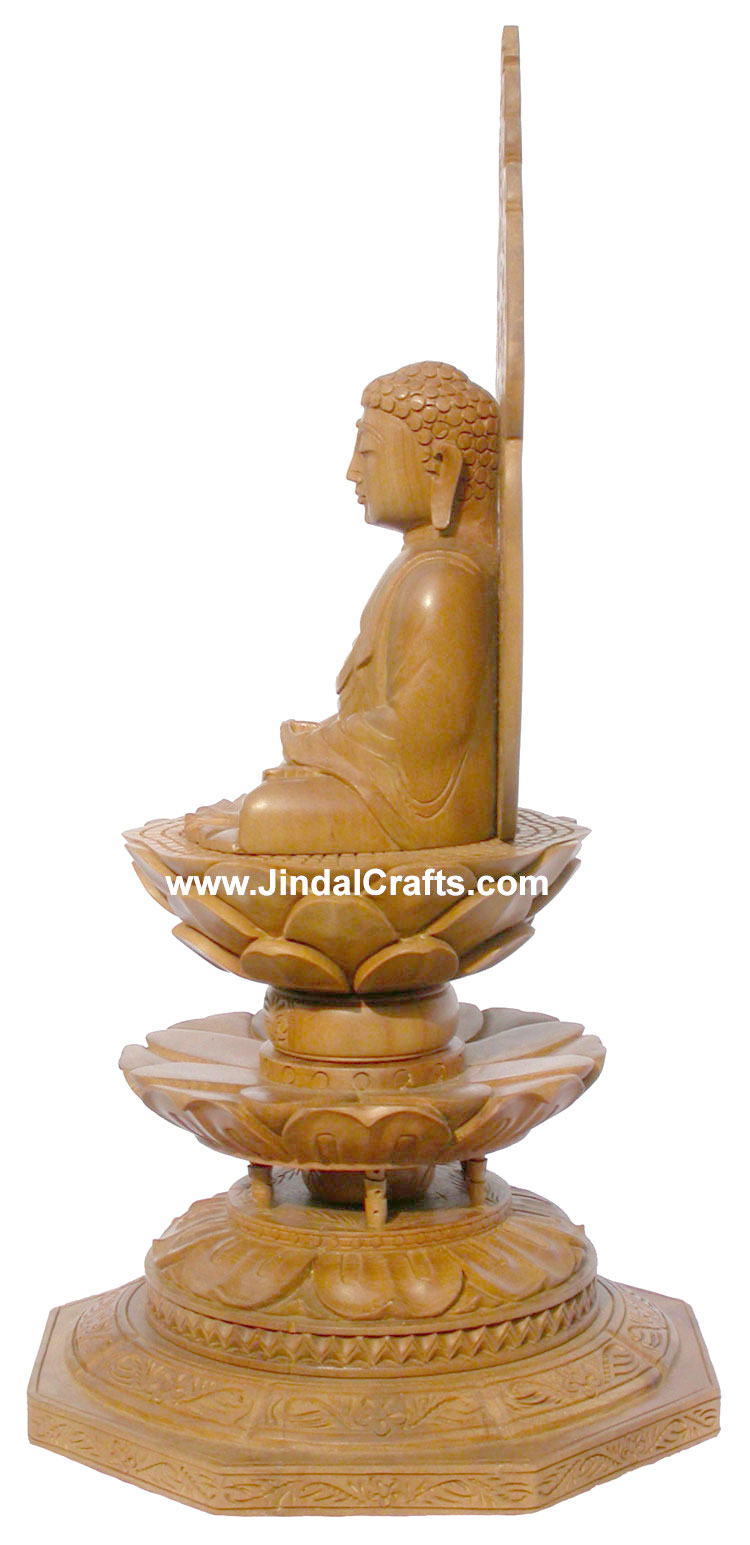 Wood Sculpture Handmade Buddha in meditation over Lotus