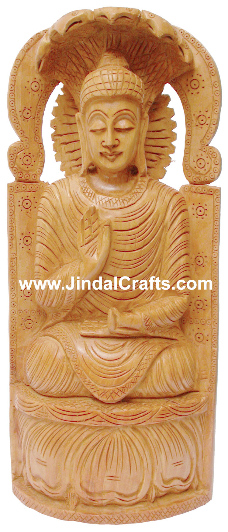Wood Sculpture Meditating Buddha under Shadow of Snakes Handicrafts Idol Crafts