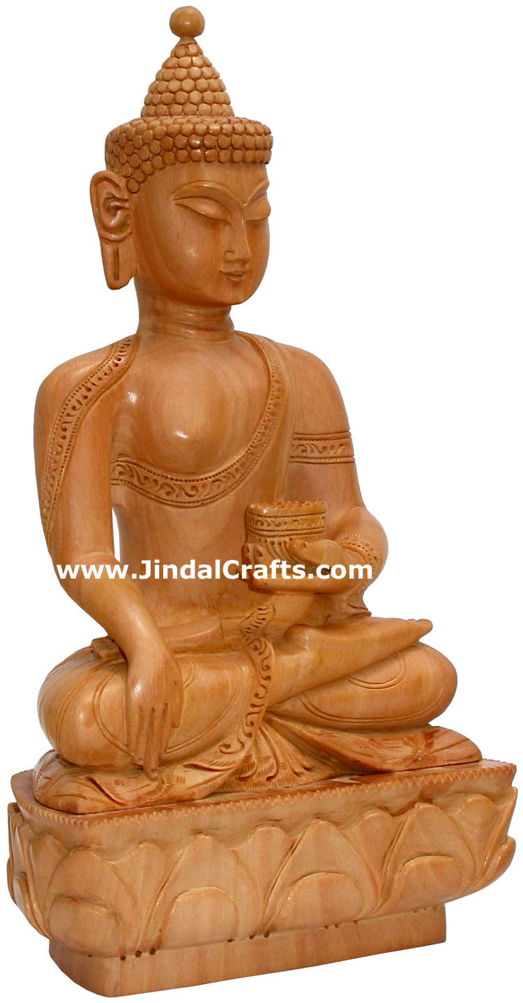 Hand Carved Wooden Buddha Sculpture Indian Wooden Carving Art Collectible Crafts