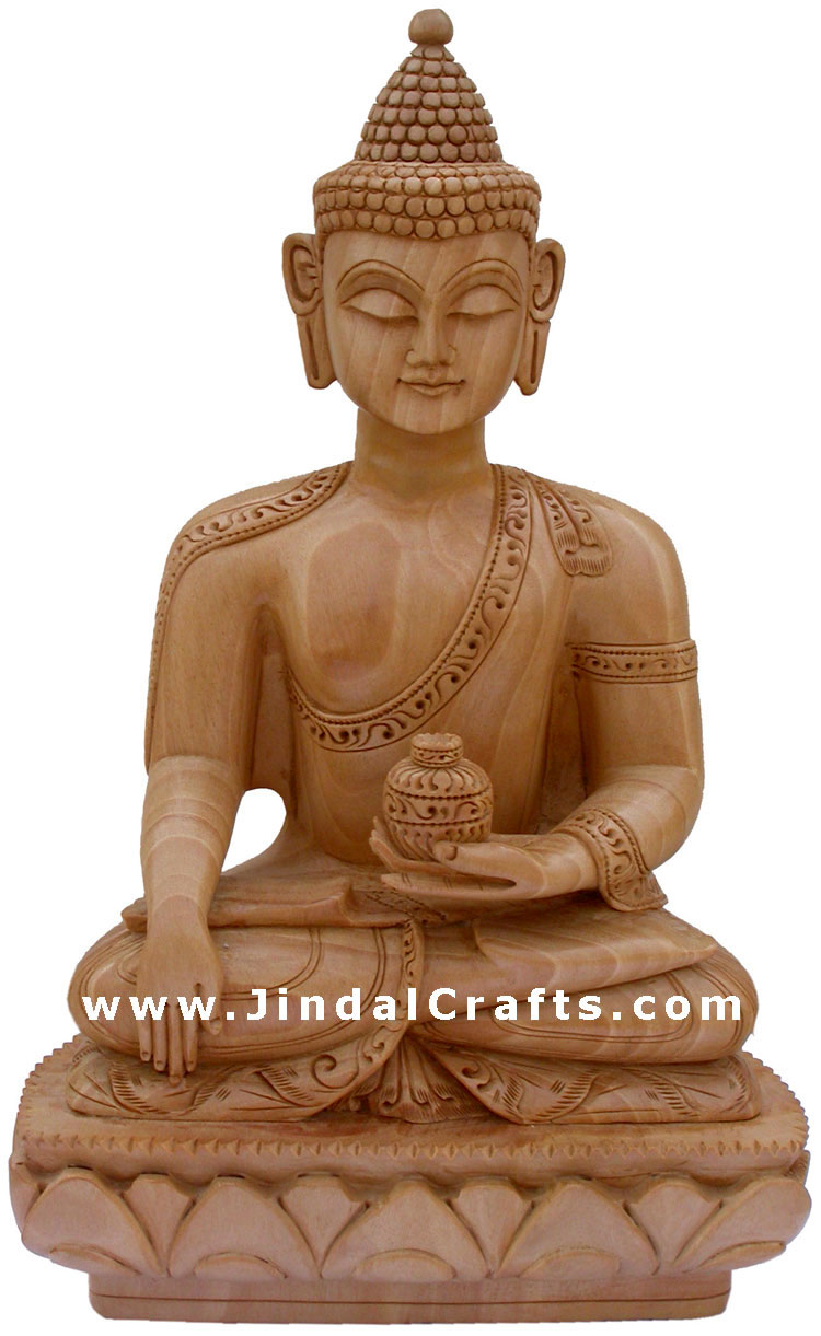 Hand Carved Wooden Buddha Sculpture Indian Wooden Carving Art Collectible Crafts
