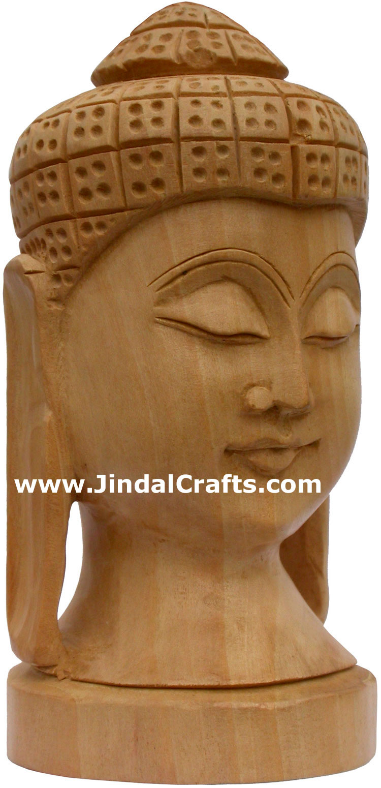 Buddha Head - Hand Carved Wooden Buddhism Figures Indian Handicraft Tibetan Arts