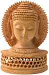 Handmade Wood Sculpture Buddha Head Figurine Indian Art