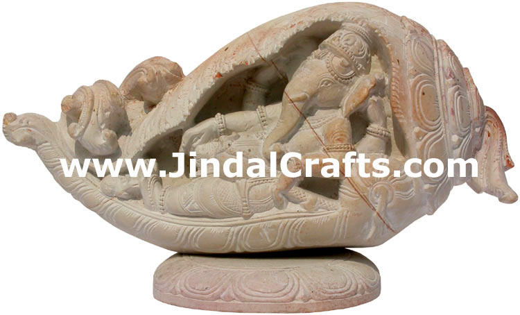 Hand Carved Stone Ganesha in Shankh Conch Figure Indian