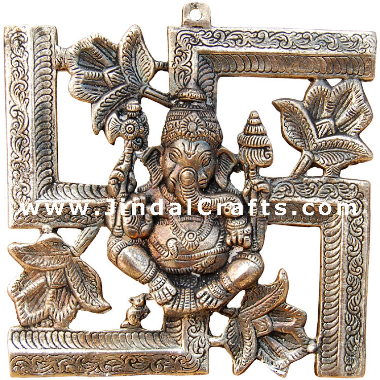 Ganesha with Swastic Symbol - White Metal Artifact