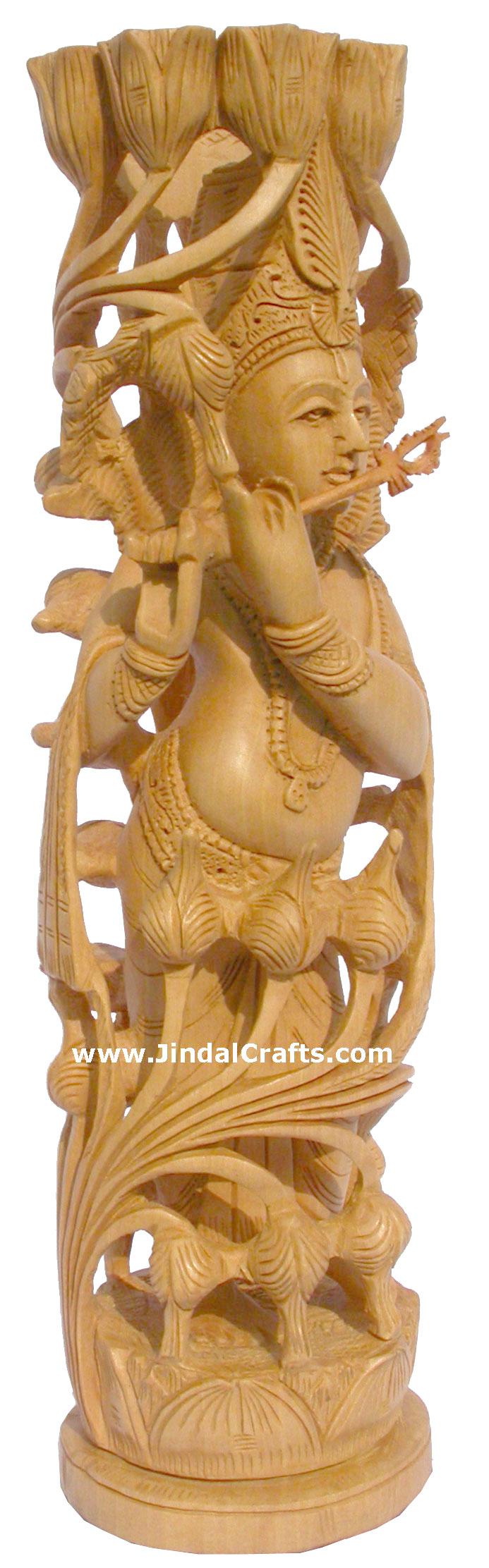 Wooden Hand Carved Sculpture Lord Krishna Statuette Hindu Religious Handicrafts
