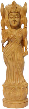 Wooden Goddess Laxmi Handcarved Statue Hinduism Carving Art Indian Handicrafts