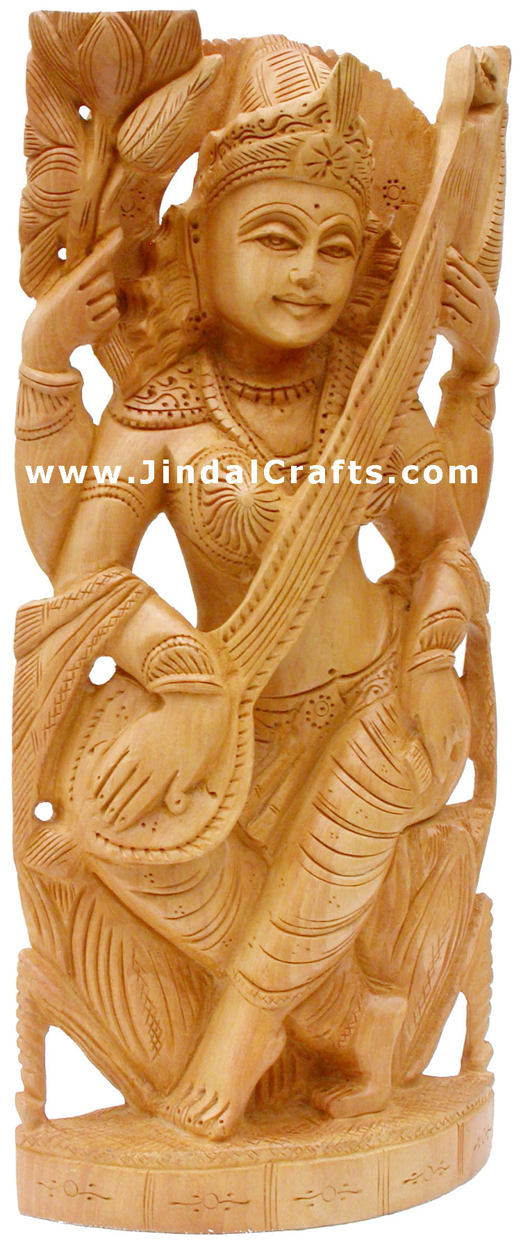 Handcrafted Wooden Goddess Saraswati Hindu Figurine Art