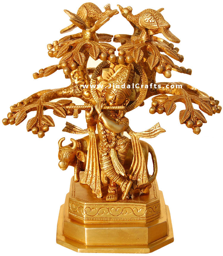 Lord Krishna Playing Flute Under Kadam Tree with Cow