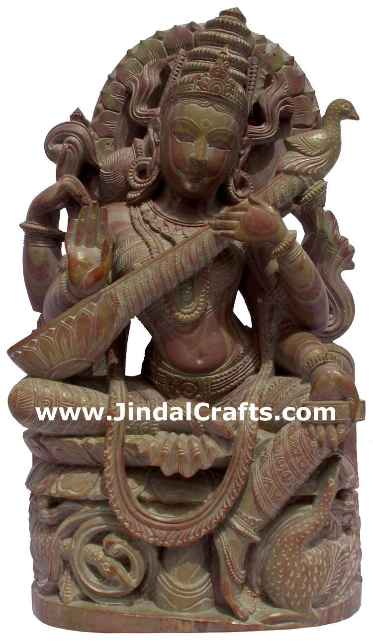 Hand Carved Hindu Goddess Saraswati Sculpture India Decor Stone Carving Crafts
