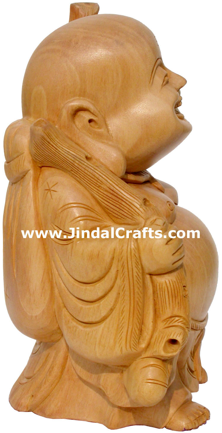 Wooden Sculpture Happy Laughing Buddha Vaastu India Art
