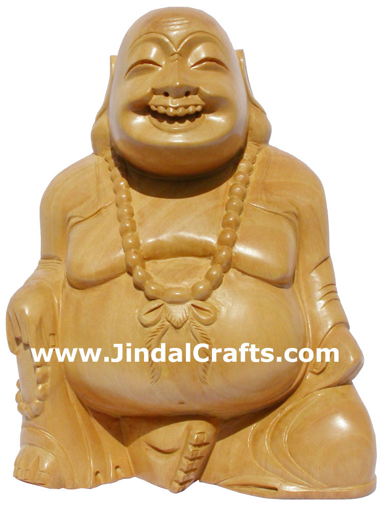 MASTER PIECE - HANDCARVED WOODEN SCULPTURE HAPPY LAUGHING BUDDHA VAASTU INDIA