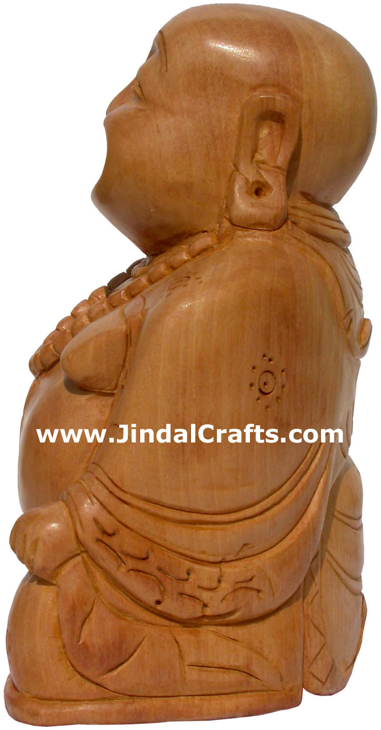 Hand Carved Wooden Laughing Buddha Figure Indian Art