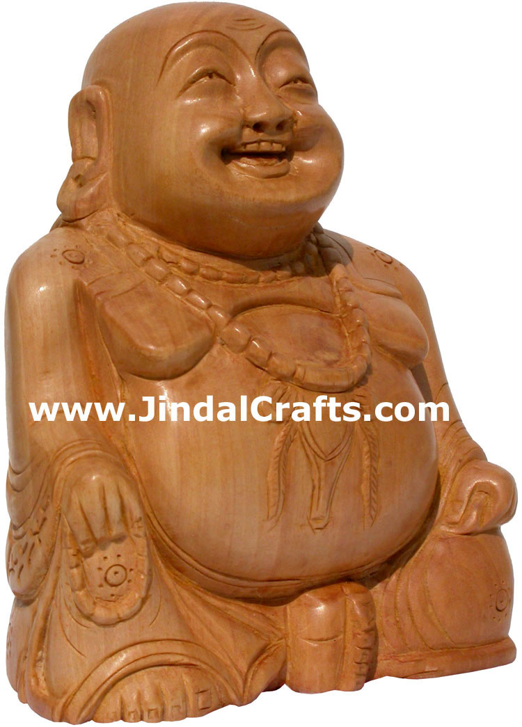 Hand Carved Wooden Laughing Buddha Figure Indian Art