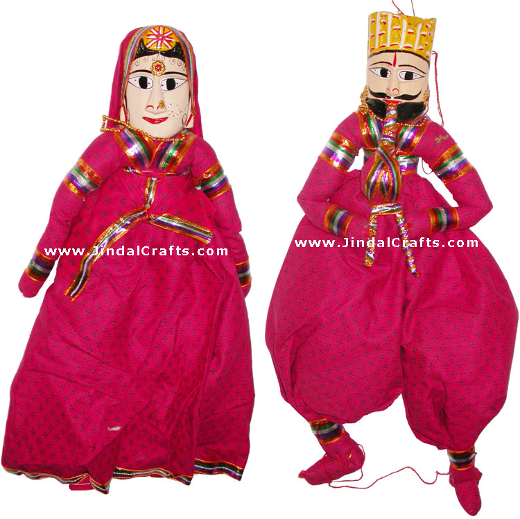 Handmade Wooden Puppet Pair of King and Queen India Folk Art Royal Dancing Dolls