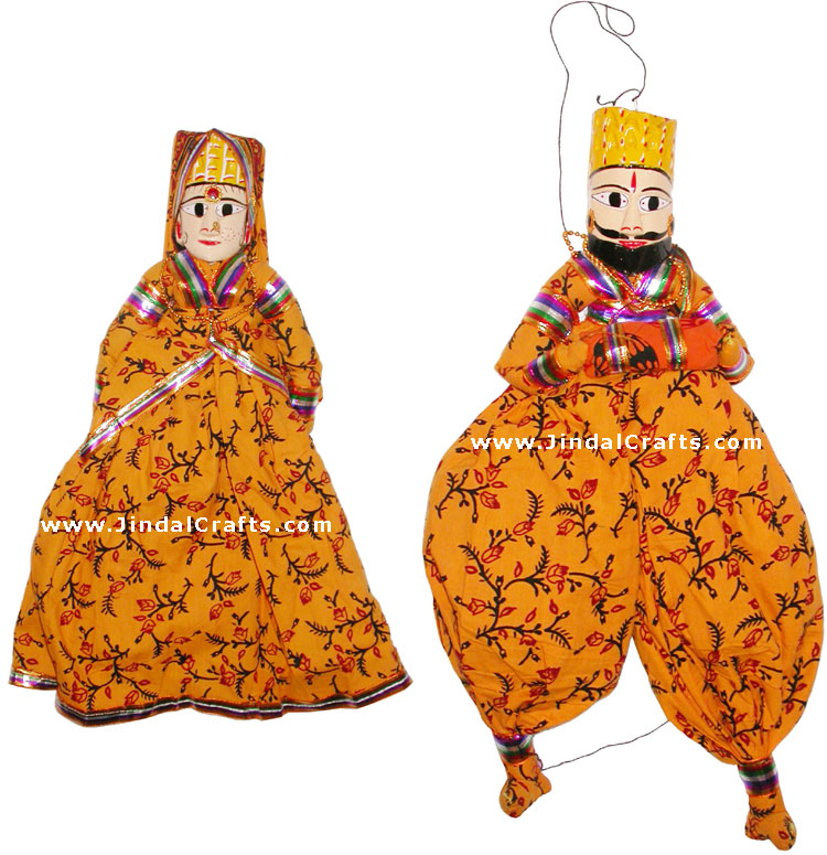 Handmade Wooden Puppet Pair of King and Queen India Folk Art Royal Dancing Dolls