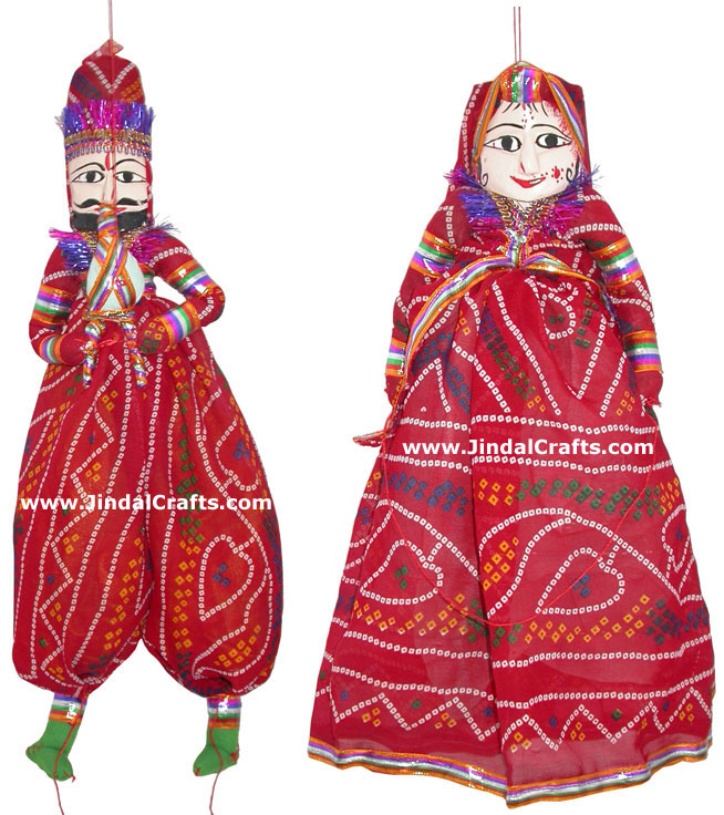 Decorative Wooden String Puppet Pair India Handmade Folk Crafts Traditional Arts