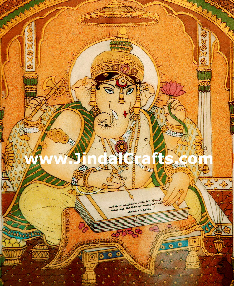 Gemstone Dust Painting Lord Ganesha Indian Hand Art