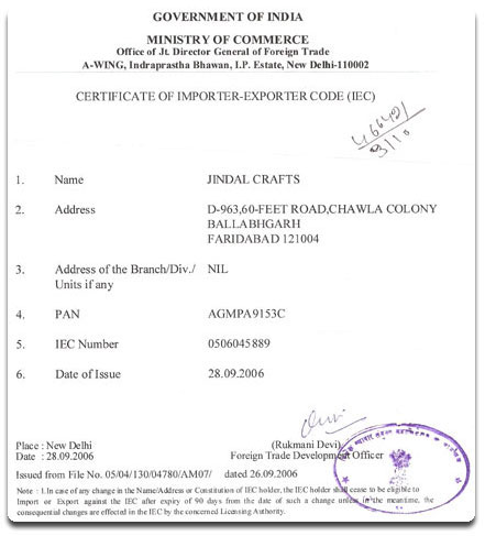 Import Export Code - Issued by Ministry of Commerce, Government of India