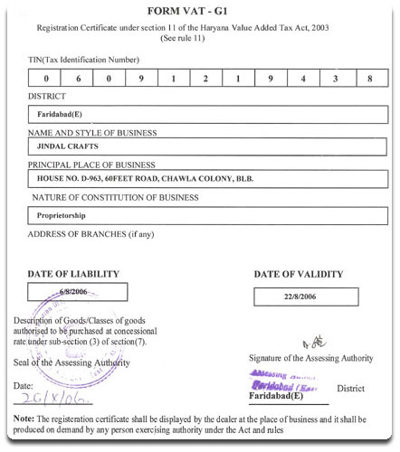 Certificates of Registration for VAT - Issued by Excise & Taxation Department
