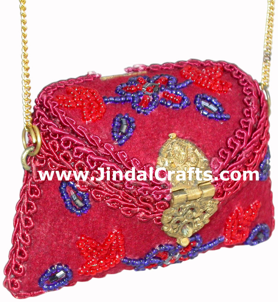 Hand Made Lac Mirror Beaded Traditional Chain Small Metal Purse from India