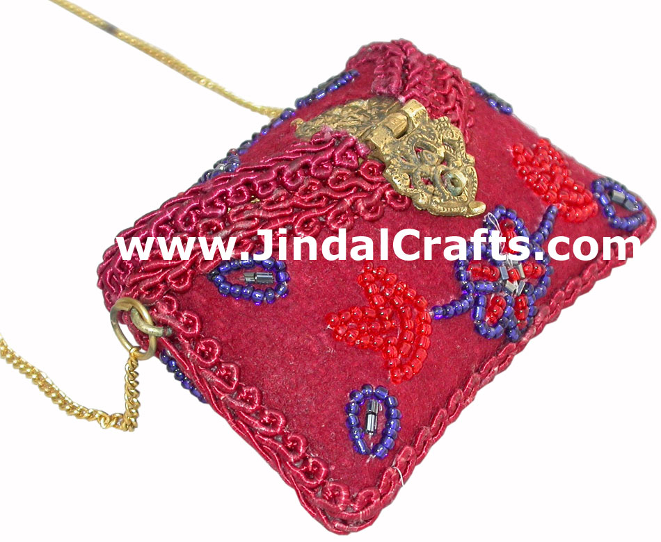 Hand Made Lac Mirror Beaded Traditional Chain Small Metal Purse from India