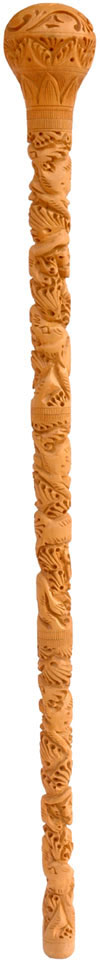 Hand Carved Kadam Wood Walking Stick India Animal Engraving Traditional Art