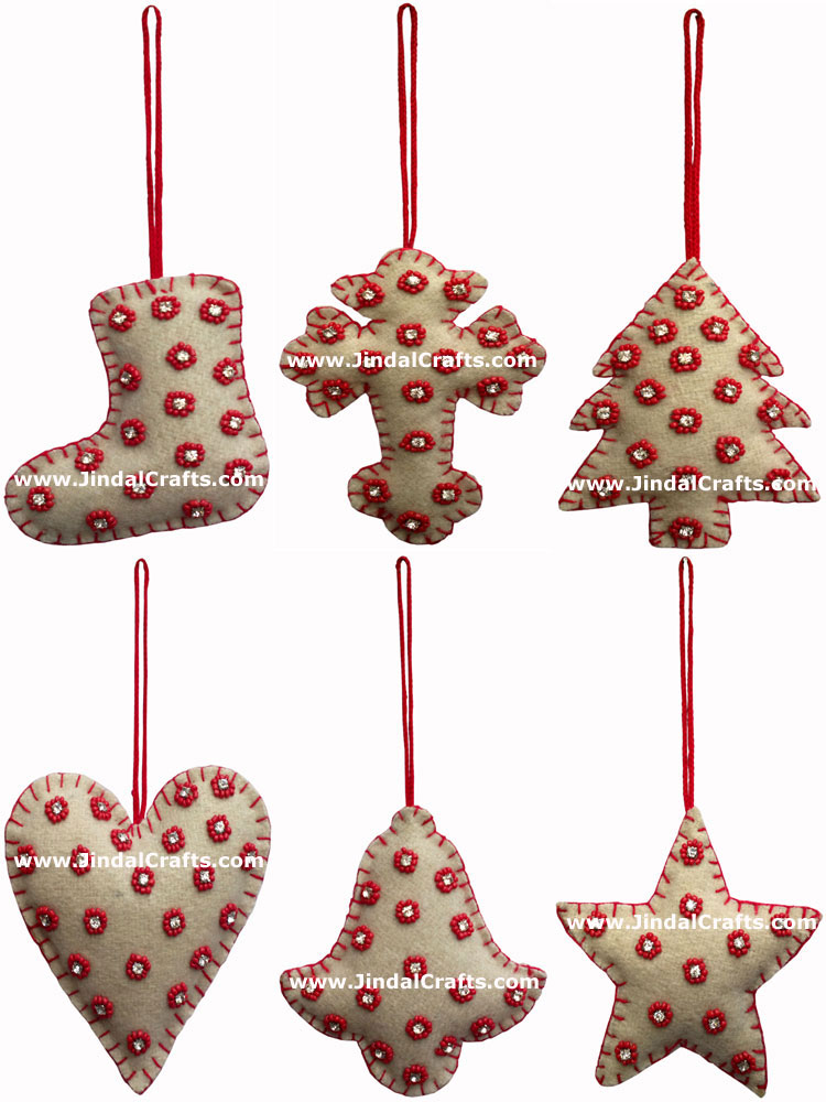 Set of 6 Hand Embroidered Beaded Felt Christmas Ornaments Holiday Ornament India
