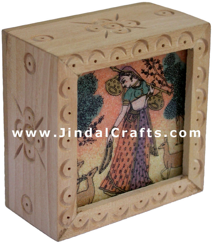 Paper Weight - Colourful Stone Painting with Wooden Carving Indian Office Gifts