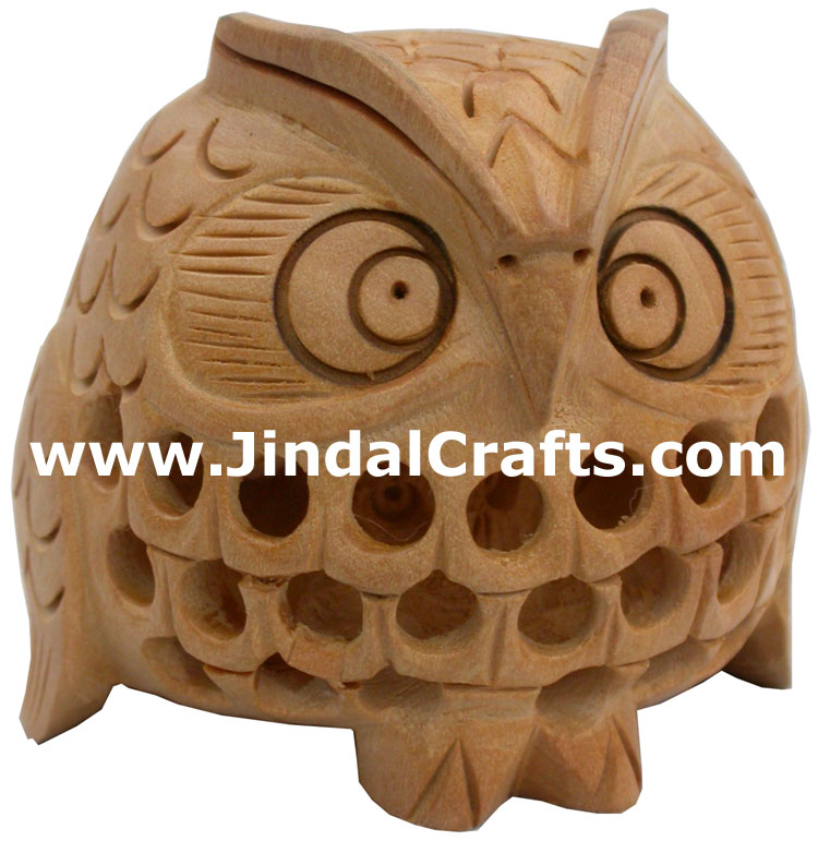 Hand Carved Owl Figurine Arts Crafts Handicrafts from India Hollow Wooden Made
