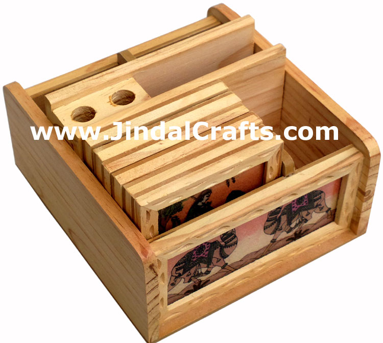 Hand Carved Wooden Gemstone Dust Painting Table Organiser Pen Stand Coasters Art