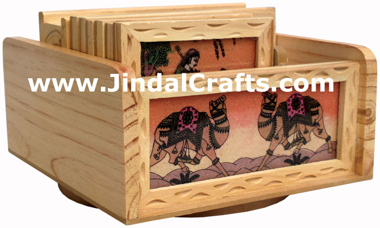 Hand Carved Wooden Gemstone Dust Painting Table Organiser Pen Stand Coasters Art