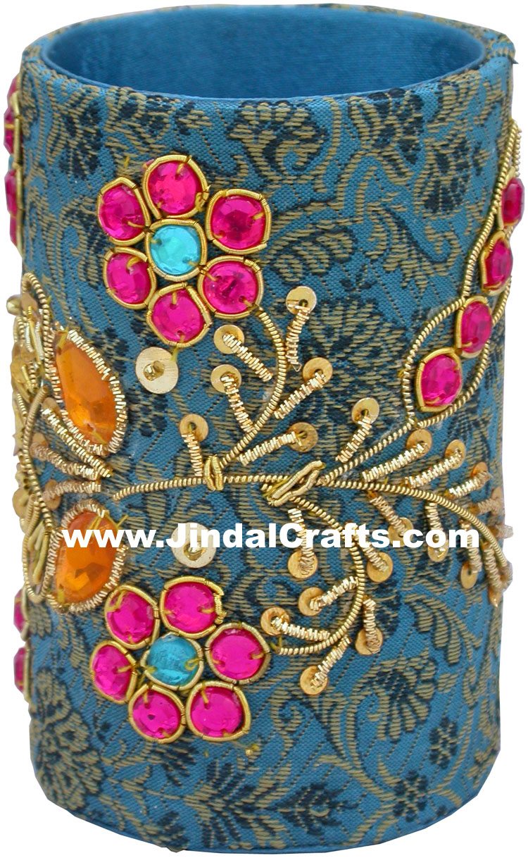 Colourful Hand Embroidered Designer Jari Pen Holder India Unique Gift Souvenirs