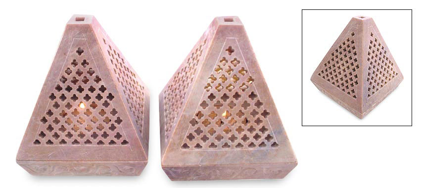Hand Carved Soft Stone Jaali Tea Light Candle Holder from Indian Traditainal Art
