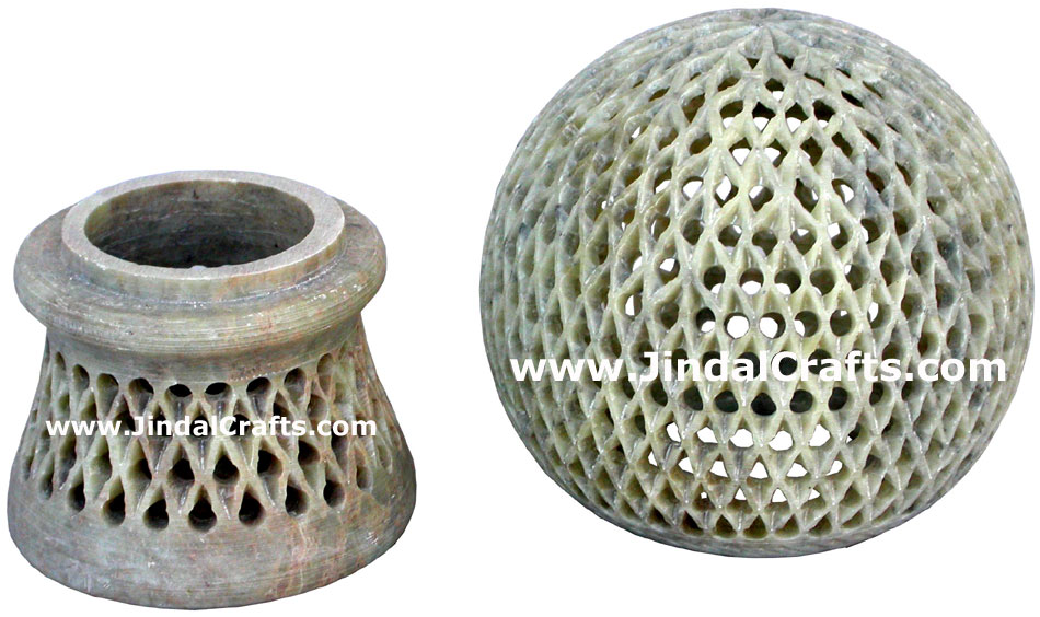 Soapstone Hand Carved Tea Light Candle Holder Indian Jalli Work Handicrafts Arts