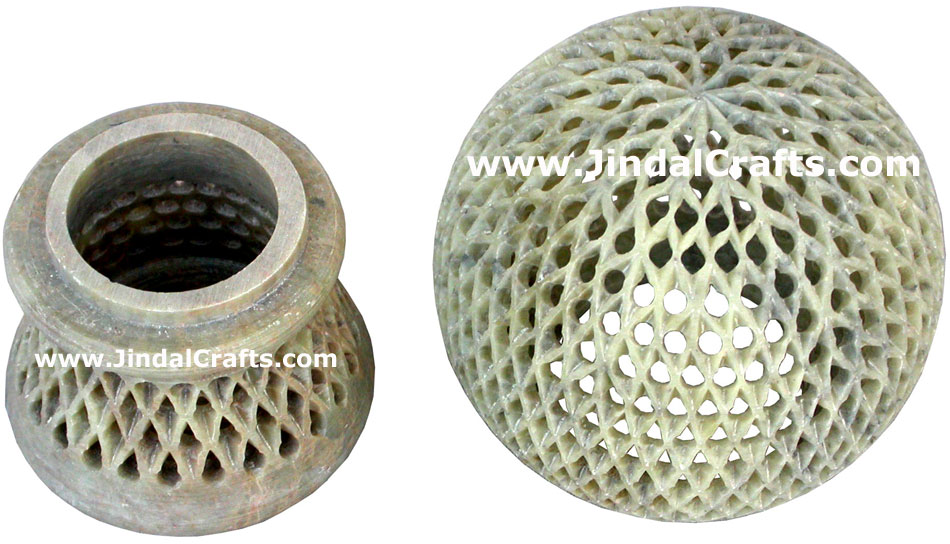 Soapstone Hand Carved Tea Light Candle Holder Indian Jalli Work Handicrafts Arts