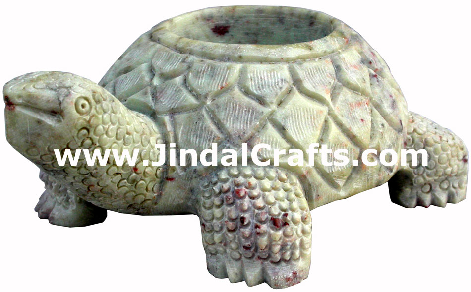 Hand Carved Soft Stone Turtle Shaped Tea Light Candle Holder Home Decor India