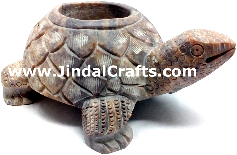 Hand Carved Soft Stone Turtle Shaped Tea Light Candle Holder Home Decor India