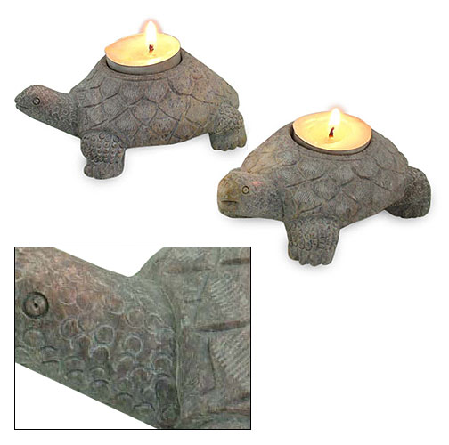 Hand Carved Soft Stone Turtle Shaped Tea Light Candle Holder Home Decor India