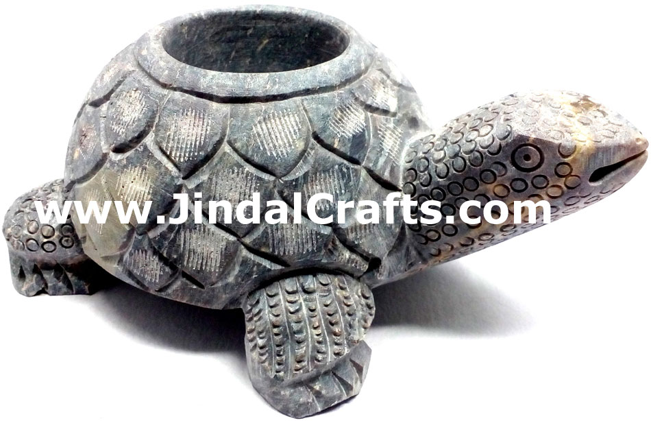 Hand Carved Soft Stone Turtle Shaped Tea Light Candle Holder Home Decor India