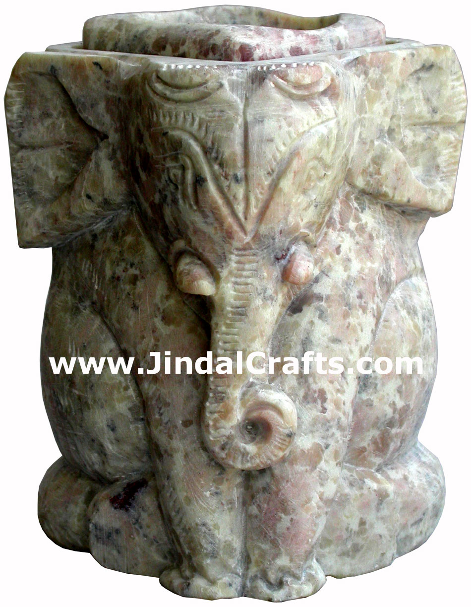 Hand Carved Soft Stone Tea Light Candle Holder in Lucky Elephant shape India Art