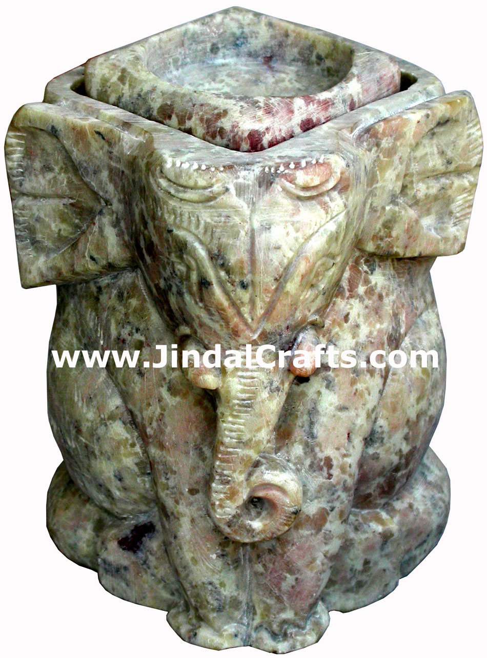 Hand Carved Soft Stone Tea Light Candle Holder in Lucky Elephant shape India Art