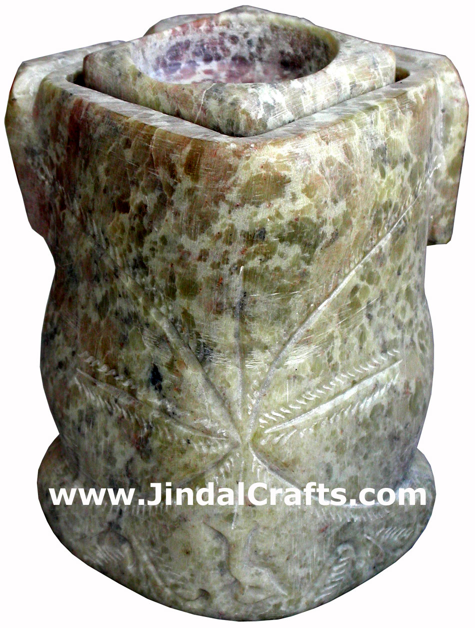 Hand Carved Soft Stone Tea Light Candle Holder in Lucky Elephant shape India Art