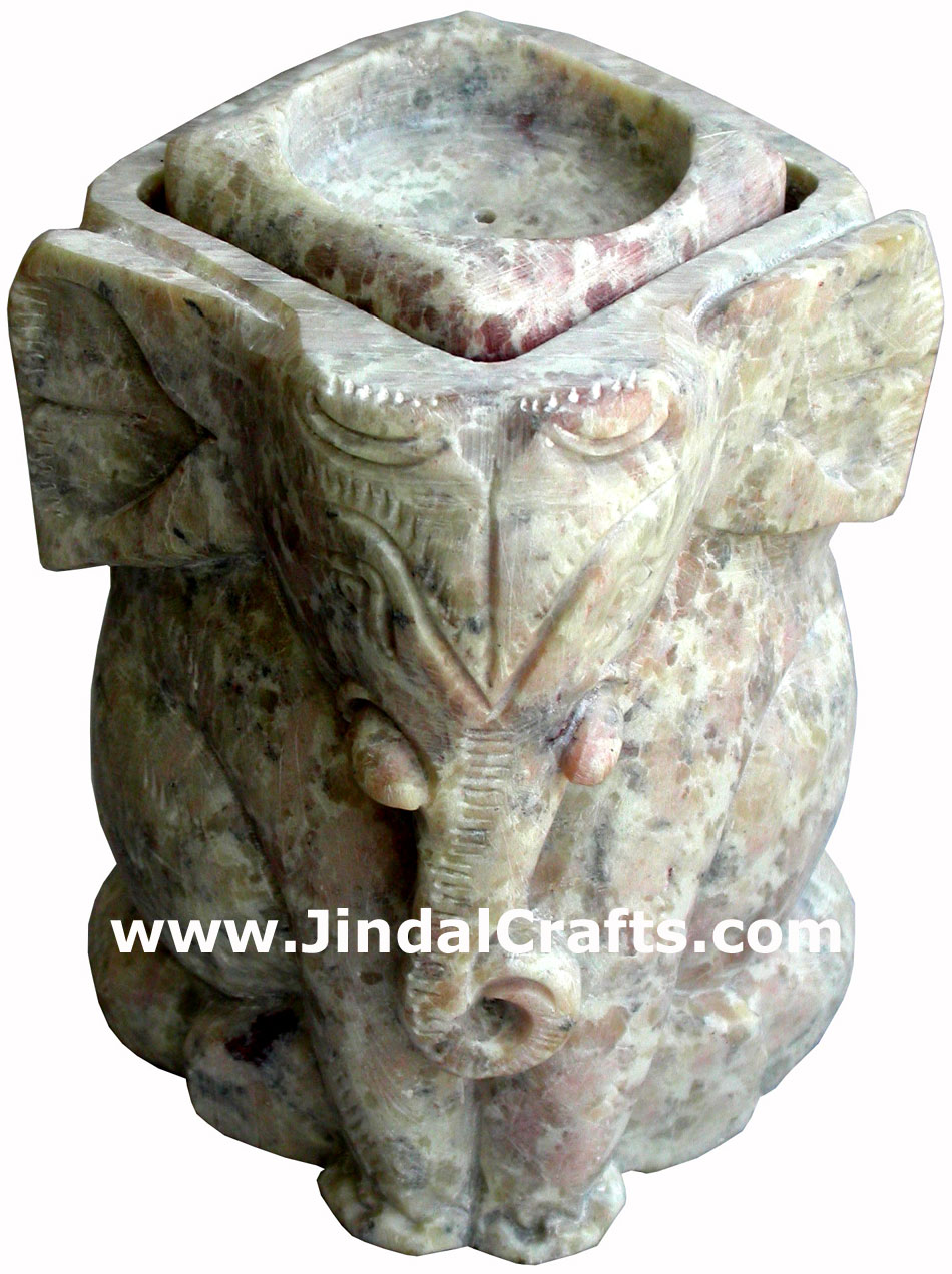 Hand Carved Soft Stone Tea Light Candle Holder in Lucky Elephant shape India Art