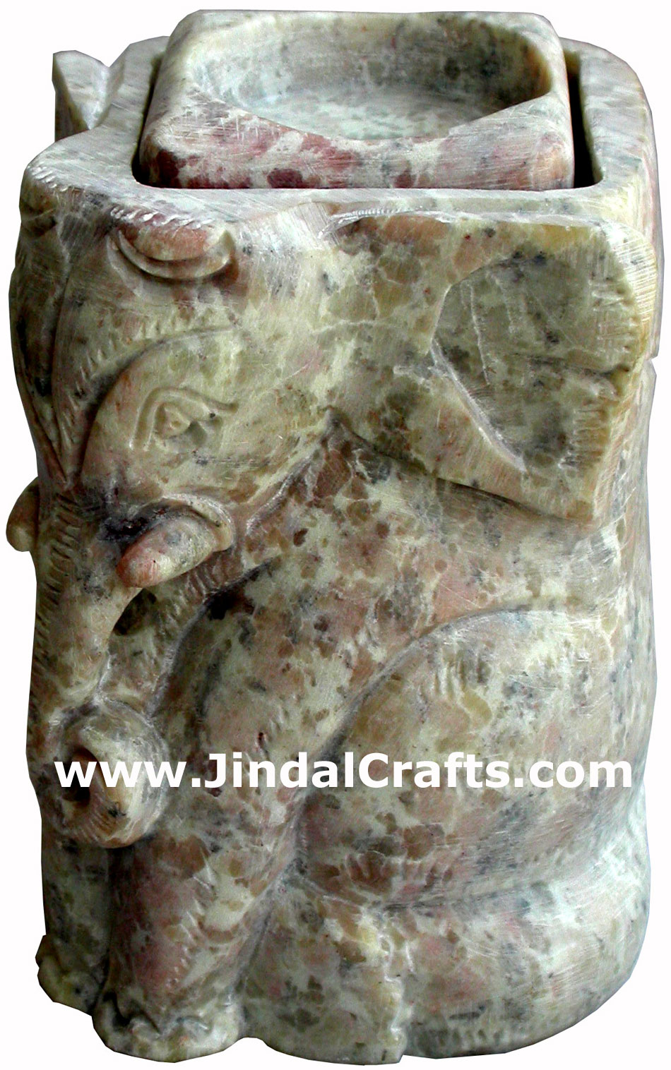 Hand Carved Soft Stone Tea Light Candle Holder in Lucky Elephant shape India Art
