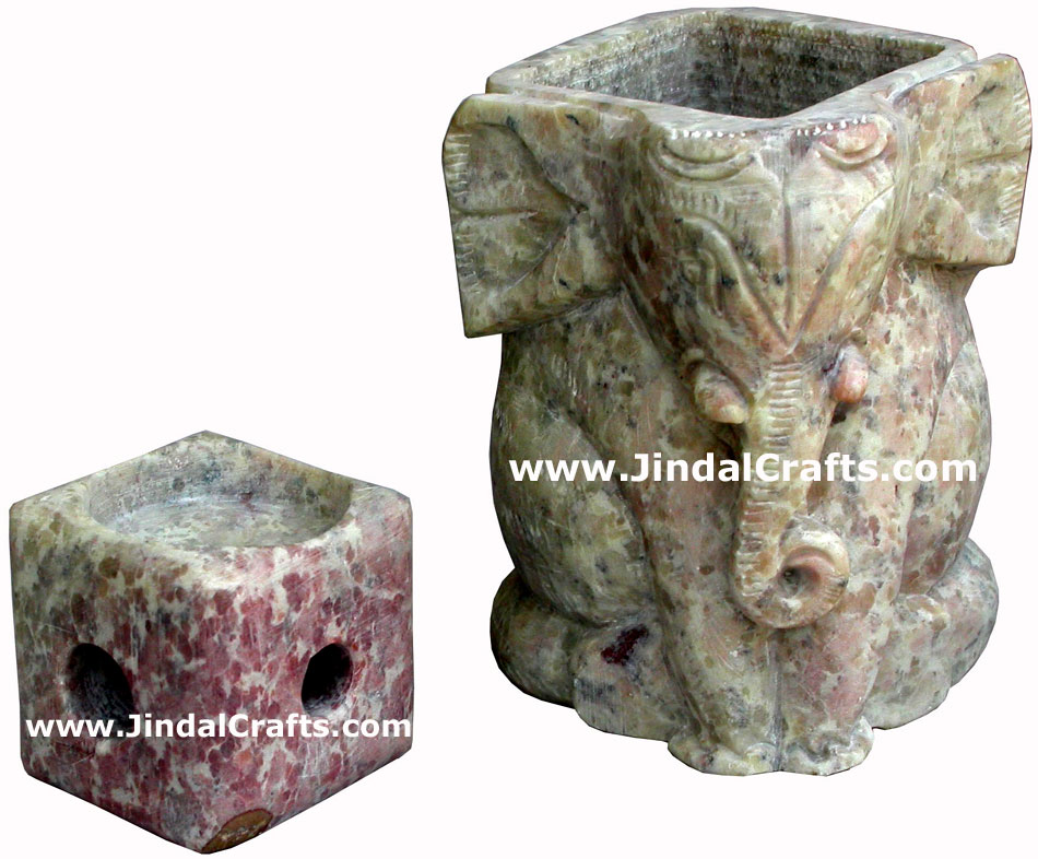 Hand Carved Soft Stone Tea Light Candle Holder in Lucky Elephant shape India Art