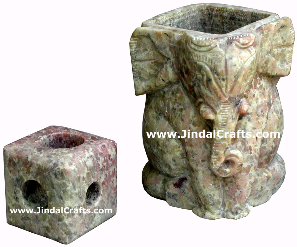 Hand Carved Soft Stone Tea Light Candle Holder in Lucky Elephant shape India Art