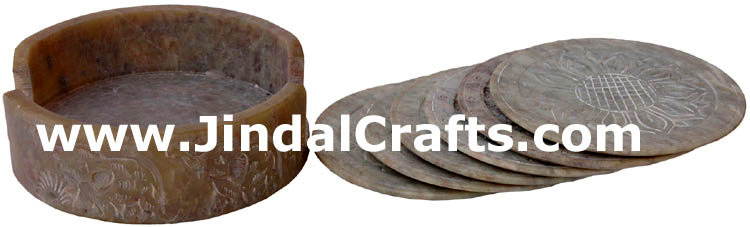 Hand Carved Marble Drink Coasters Set from India