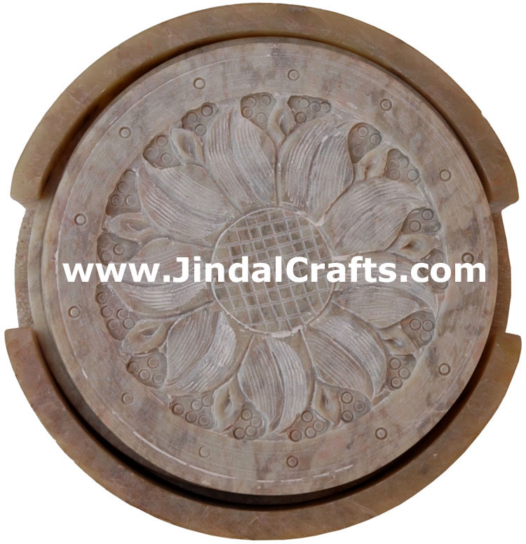 Hand Carved Marble Drink Coasters Set from India