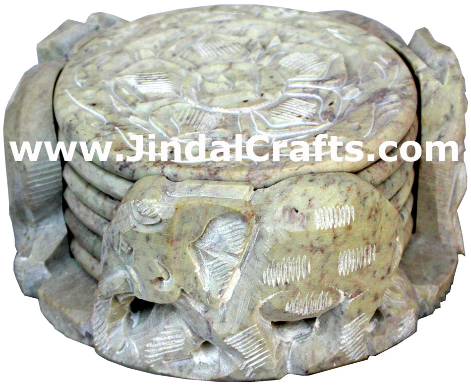 Hand Carved Stone Coaster Set Rich Indian Art Crafts Handicraft Artifact