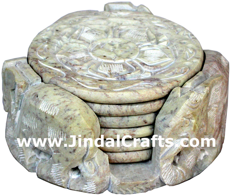 Hand Carved Stone Coaster Set Rich Indian Art Crafts Handicraft Artifact